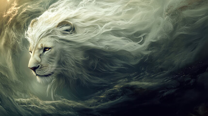 Majestic white lion in cloudy atmosphere