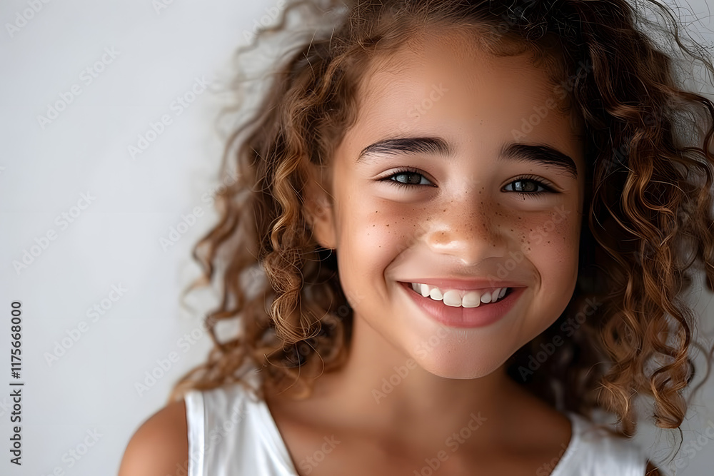 Aufkleber stock photo features smiling girl in white studio background, providing a clean and versatile settin