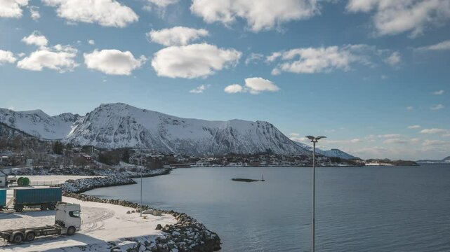 Stokmarknes Norway skyline at city center and harbor