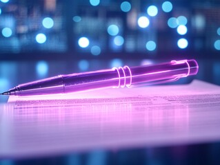 A glowing pen rests on business contract, symbolizing digital signing