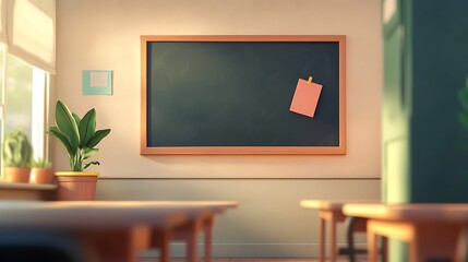 Chalkboard, chair and bench in classroom on blurred background