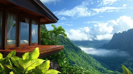 Unique Eco-Lodges in Tropical Rainforests and Mountainous Areas, a realistic photo of a luxurious eco-lodge perched on a mountainside with tropical plants and a misty valley view