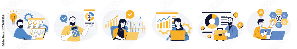 Poster Business analytics concept set in flat web design. Collection with people analyzing data graphs and financial diagram, making report and monitoring balance. Vector illustrations on white background.