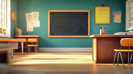Chalkboard, chair and bench in classroom on blurred background