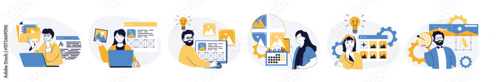 Poster Content manager concept set in flat web design. Collection with people filling sites with images, making posts in online blog, making creative strategy. Vector illustrations on white background.