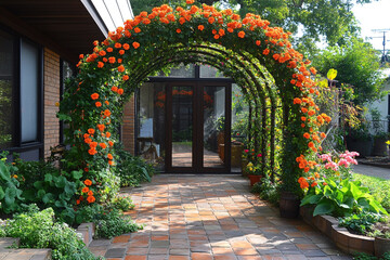 Orange Flowers Arching Over Brick Pathway Entrance