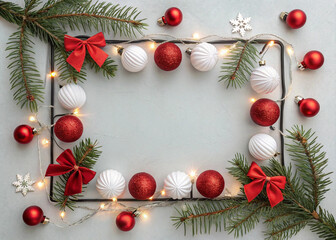 Christmas light frame decorated with red and white baubles, bows and fir branches. Copy space in the center