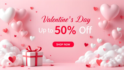 Fototapeta premium Valentine's Day banner with a pink gradient background featuring 3D paper-style heart balloons, a gift box with a red ribbon, fluffy clouds, and bold text 'Up to 50% Off.' A festive, romantic design w