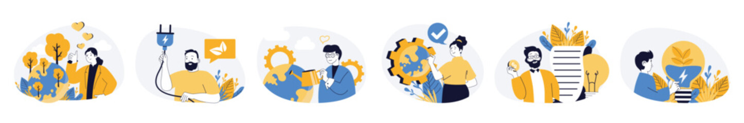 Green sustainable environment concept set in flat web design. Collection with people take care about nature and planet, using eco clean renewable resource. Vector illustrations on white background.