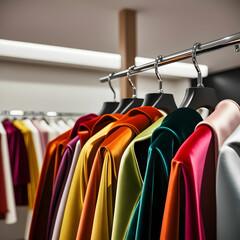Fototapeta premium Closeup photo of fashionable clothes on hangers in the shop
