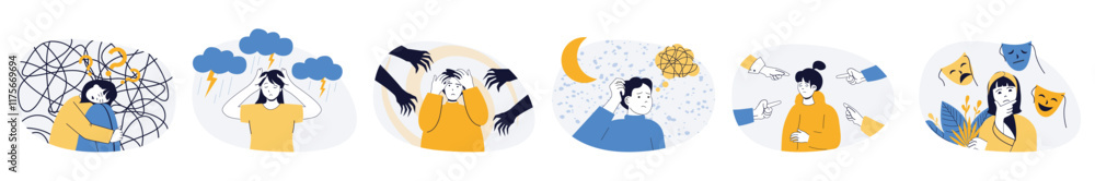 Aufkleber mental health problem concept set in flat web design. collection with people feeling negative emotio