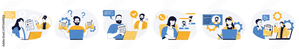 Poster Online job interview concept set in flat web design. Collection with people searching employee, interviewing candidates by video call and hiring in staff. Vector illustrations on white background.