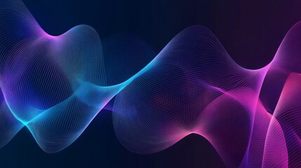 Fototapeta premium Abstract wavy lines in blue, pink, and purple flowing on dark background.