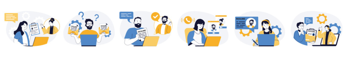 Online job interview concept set in flat web design. Collection with people searching employee, interviewing candidates by video call and hiring in staff. Vector illustrations on white background.