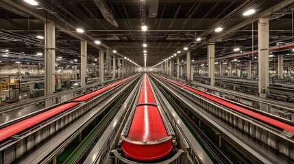 Naklejka premium Expansive View of a Modern Industrial Warehouse Interior Featuring a Long Red Conveyor System with Efficient Organization and Advanced Technology