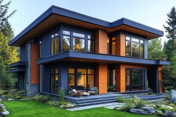 Fototapeta premium stylish exterior view of a home featuring picture windows and vinyl siding capturing a contemporary architectural design set against a clear sky