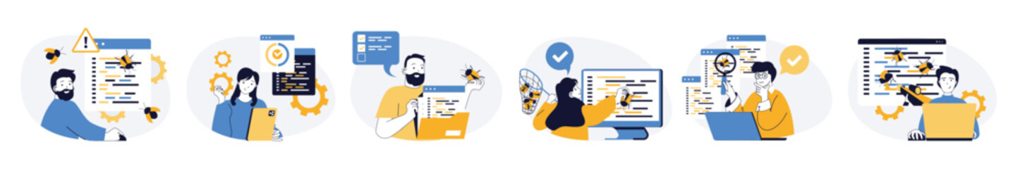 Software testing concept set in flat web design. Collection with people searching bugs in program code, fixing mistakes, doing report of quality assurance. Vector illustrations on white background. © alexdndz