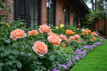 Fototapeta premium Peach Roses Blooming Along Brick House Garden Border