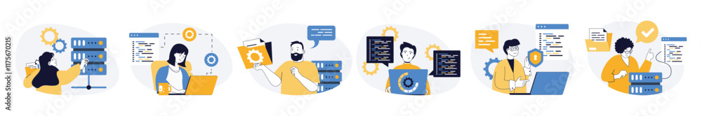 Leinwandbilder System administrator concept set in flat web design. Collection with people check server racks hardware, doing software maintenance and technical repair. Vector illustrations on white background.
