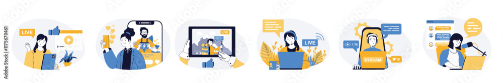Poster Video streaming concept set in flat web design. Collection with people watching streamer live translation, blogger creating content and recording videos. Vector illustrations on white background.