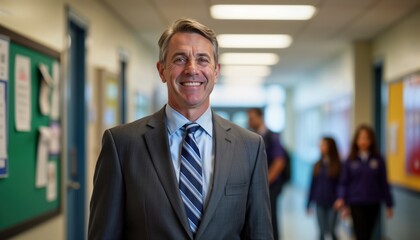School principal welcomes students. Smiling man in suit stands in school hallway. Students walk by in background. Positive vibe. Community feeling. Back to school. Education. School leader. Morning