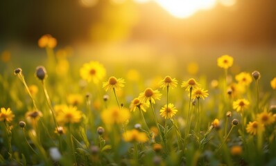 Vibrant wildflowers in golden sunlight