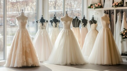 Modern wedding dresses displayed on mannequins in a stylish store, with minimalist decor and large glass windows