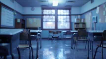 Nostalgic classroom scene  empty elementary school with desks and chairs, ready for new beginnings