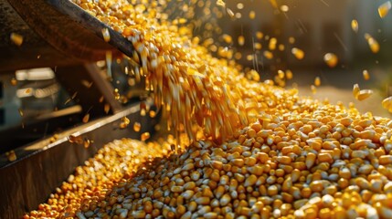 Golden corn flowing onto conveyor belt inside gambrel roof building