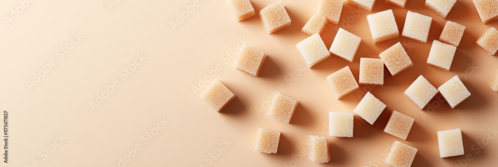 Poster scattered refined sugar cubes on neutral surface show impact of sugar on health and awareness of sug