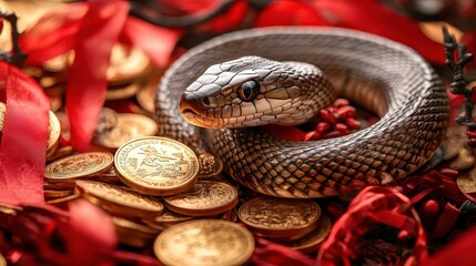 Coiled Snake Surrounded by Decorative Elements