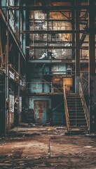 A gritty industrial scene showcasing weathered textures, rusty metal, and urban decay