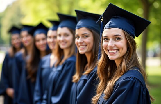 Group of smiling graduates in graduation gowns, mortarboards. Proud students celebrate academic success outdoors. Multiracial, happy together. International students on campus. Young people at
