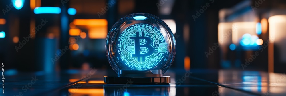 Poster Glowing bitcoin symbol is displayed inside a crystal ball on a reflective surface, suggesting the future of cryptocurrency and blockchain technology in a high tech environment
