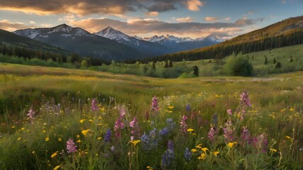 Fototapeta premium Wildflower Meadow Sunset Mountain Landscape