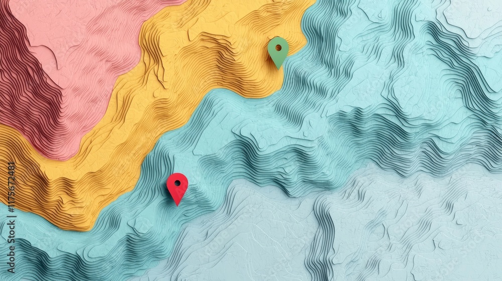 Poster abstract paper cut style map journey with markers on colorful layered terrain