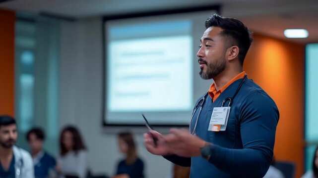 Health service training session led by a professional presenter engaging attendees effectively