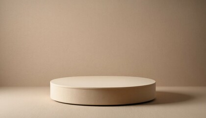 Small single slim cream beige circular podium with soft lighting on a cozy wool texture background