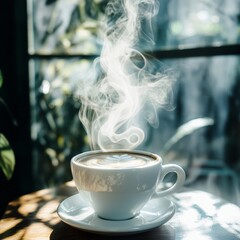 Fototapeta premium A glowing coffee cup with latte art, steam rising in sunlight, creating warm atmosphere