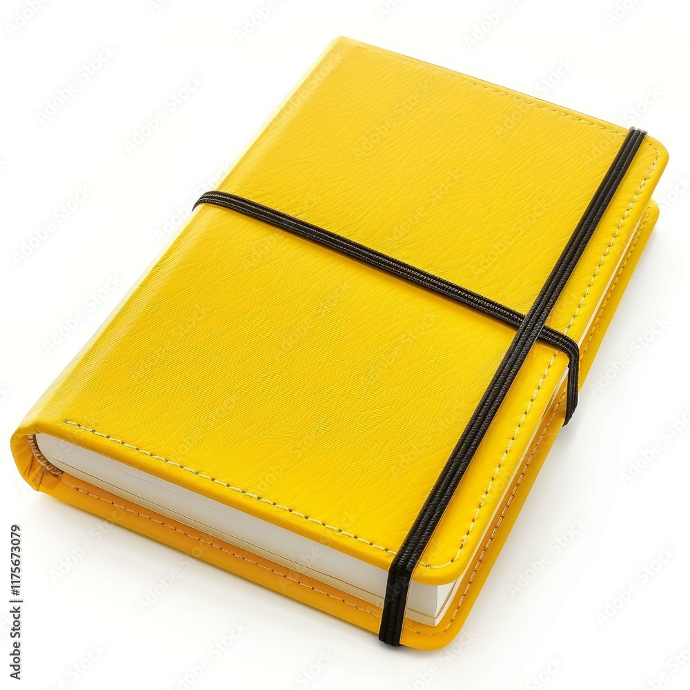 Poster closed yellow notebook with black elastic band lying on a white background, creating a simple yet vi