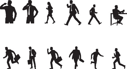 Daily Hustle of Young Office Employees in Action Silhouettes