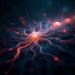 The image features a close-up of a microscopic cellular structure with radiating lines and a central glowing point, set against a dark background.