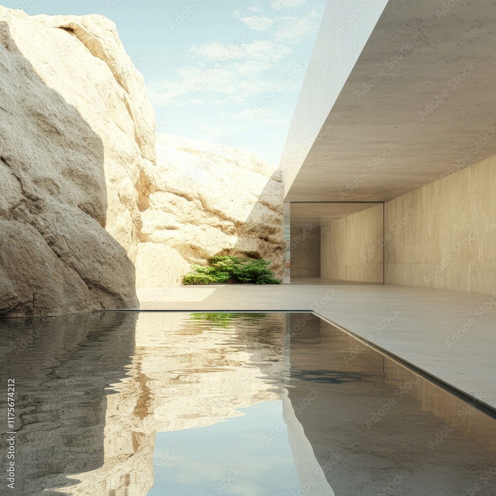 Poster modern architectural design reflection nature setting digital art serene environment high angle view