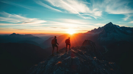 Two hikers, viewed from above, reach a mountain
