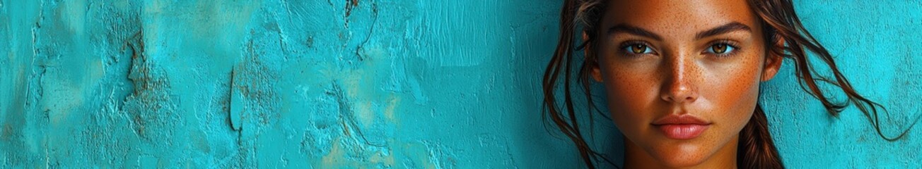 Fototapeta premium Portrait of a young woman against a textured turquoise wall with intense gaze and natural freckles