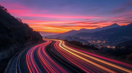 Vibrant Sunset Highway: A Stunning Long Exposure of a Winding Road at Dusk