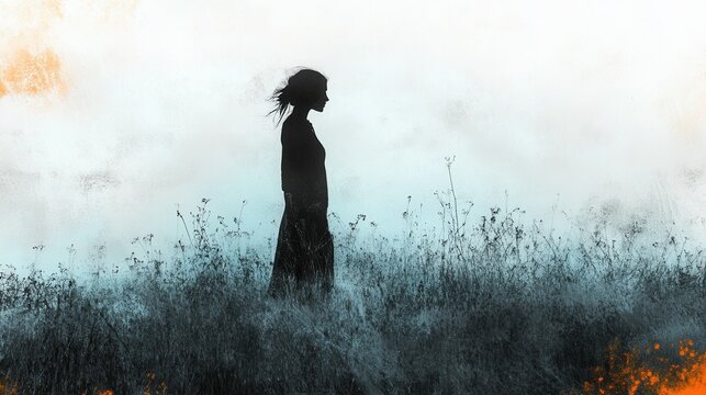 Silhouetted Woman in Landscape, a blend of black and white imagery with digital blue and orange accents, evoking depth and emotion