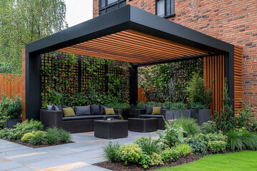 Obraz premium Modern Outdoor Patio With Wooden Pergola And Lush Greenery