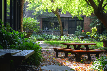 Obraz premium Wooden Picnic Table In A Lush Courtyard Garden