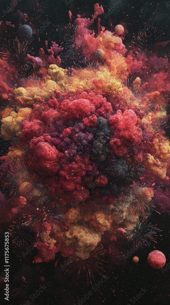 Poster planetary fireworks display outer space digital art cosmic environment spectacular viewpoint hyperre